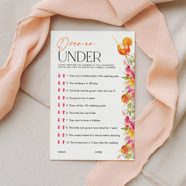Over or Under Spritz Bridal Shower Games (Over or Under? Love at First Spritz | Bright Floral Citrus Bridal Shower)