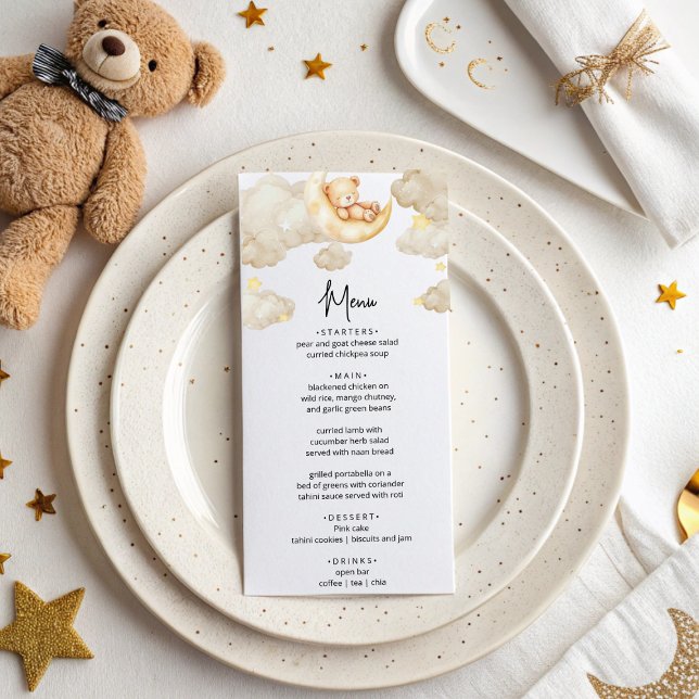 Over The Moon Teddy Bear Baby Shower Menu Card (Criador carregado)