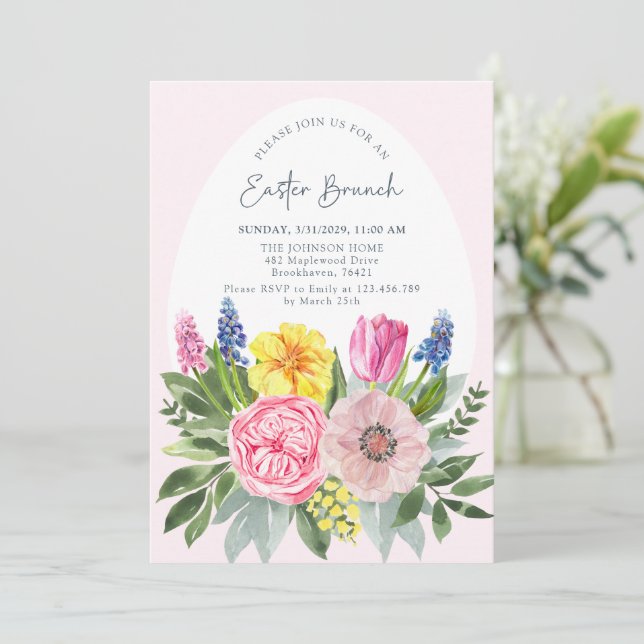 Ovo de Páscoa, Rosa, Brunei Floral Convite (Em pé/Frente)