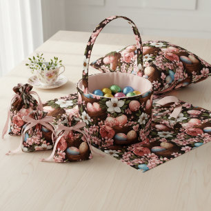 Ovos de Páscoa Rústicos e Tecido Floral de Cesto d