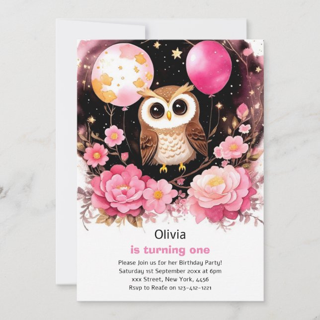 Owl Girl Primeiro Convite De Aniversário (Frente)