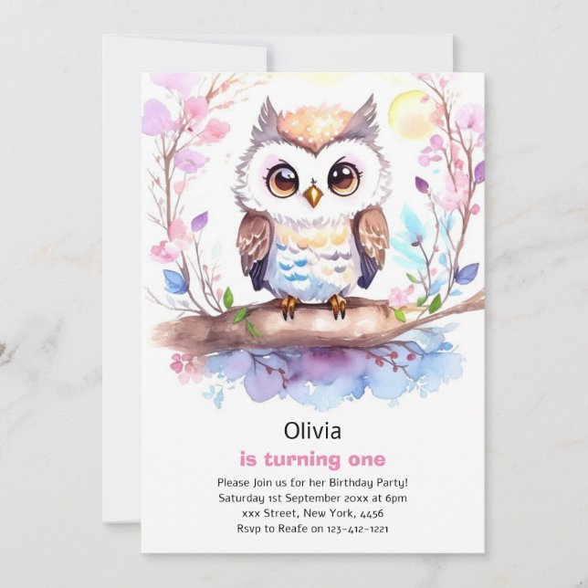 Owl Girl Primeiro Convite De Aniversário (Frente)