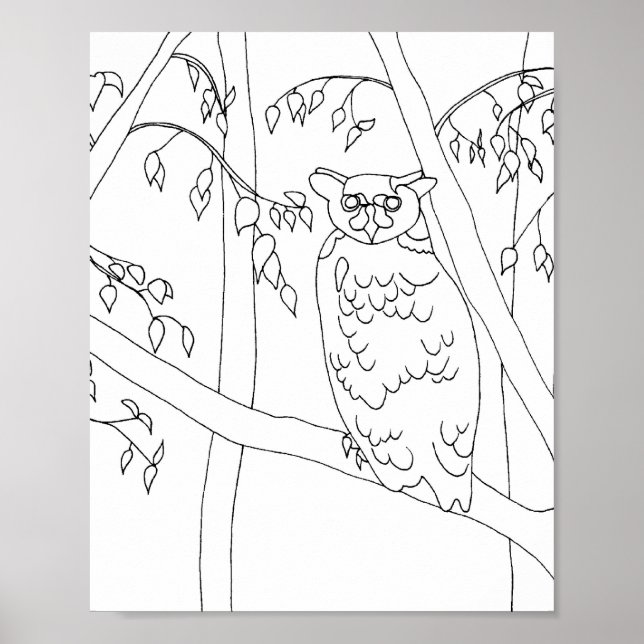 Owl sitting in tree, outline for coloring posters (Frente)