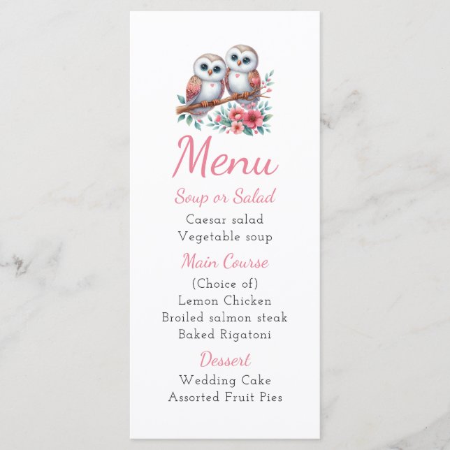 Owl Woodland Boho Rustic Country Wedding Menu (Frente)
