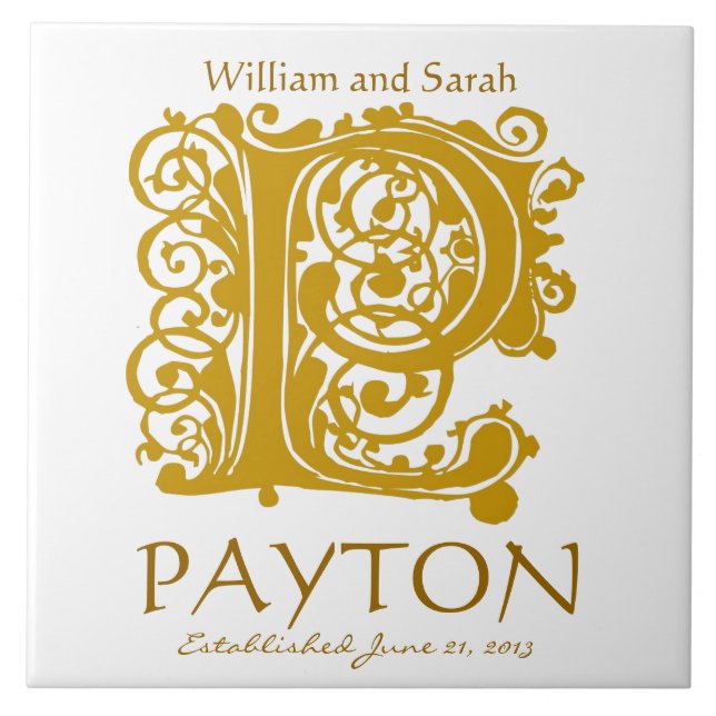 P Monograma Dourado em Branco - Nomes Azulejo de D (Frente)