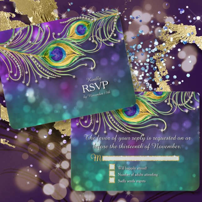 Pacock Feather Dourada Glitter Jeweled RSVP (Criador carregado)