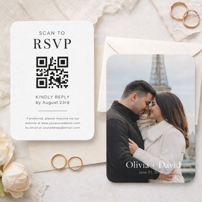 Pacote de 100 Cartões de Site de Casamento com QR  (Elegant RSVP QR code card with matching couple photo wedding insert)