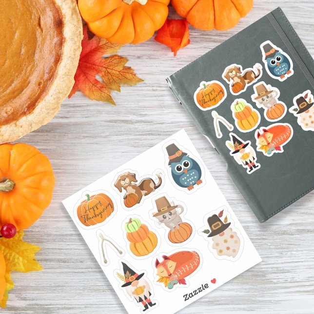 Pacote de Ação de Graças 2 com 9 designs- adesivos (Cute Thanksgiving Fall Animals, Pumpkins & Holiday Sticker)