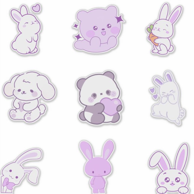 Pacote de Adesivos de Coelhinho Panda Roxo Pastel  (Frente)