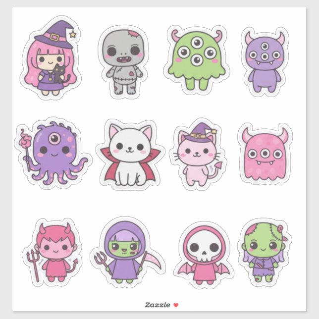 Pacote de Adesivos Kawaii Pastel Monster Mash (Folha)