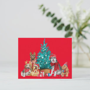Pacote de Natal de cães sob o cartão postal da árv