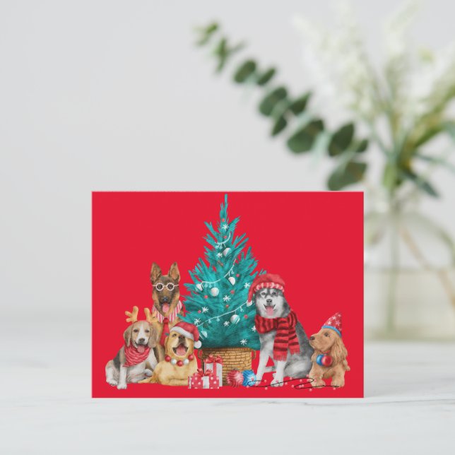Pacote de Natal de cães sob o cartão postal da árv (Em pé/Frente)
