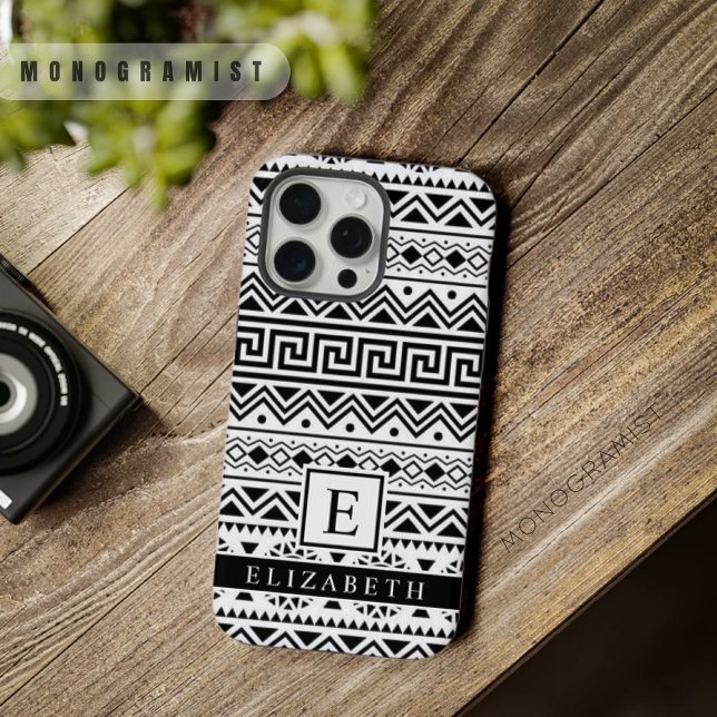 Padrão Azteca Branco e Preto Personalizável (Customizable White and Black Aztec Pattern iPhone Case)