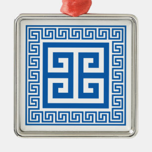 Padrão-Chave Grego Ornamento De Metal Azul E Branc
