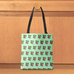Padrão contínuo de rosa rosa em bolsa de mão verde