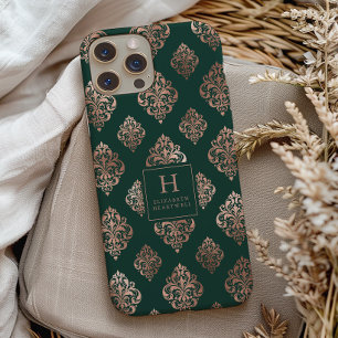 Padrão Damask Monograma Rosa Dourado Verde Esmeral