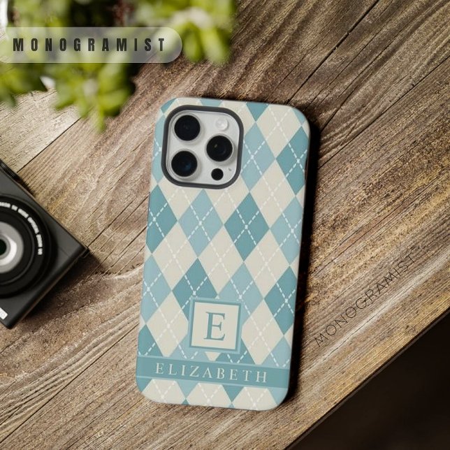 Padrão de Argyle da Cinza Verde Azul-Teal Personal (Customizable Teal Blue Green Grey Argyle Pattern iPhone Case)