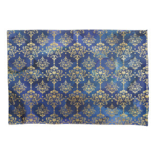 Padrão de azul aquarela com damasco dourado