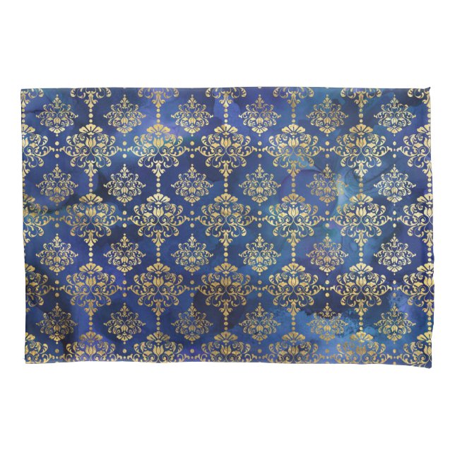 Padrão de azul aquarela com damasco dourado (Frente)