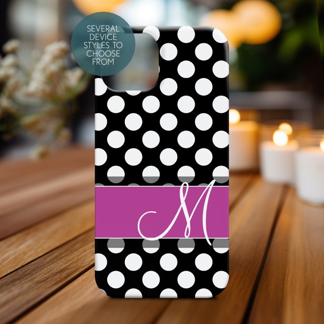 Padrão de Bolinhas rosa e preto com monograma (Personalized Phone Case with Monogram)