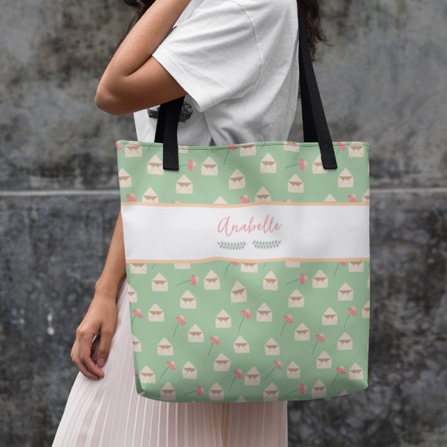 Padrão de Envelope e Flores com Nome Tote Bag (Criador carregado)