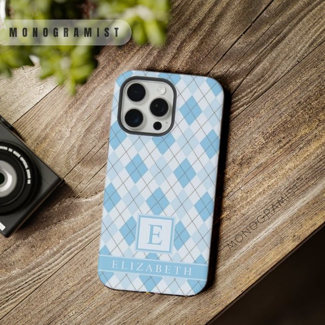 Padrão de Estilo Azul Claro Brilhante Personalizáv (Customizable Light Soft Bright Blue Argyle Pattern iPhone Case)