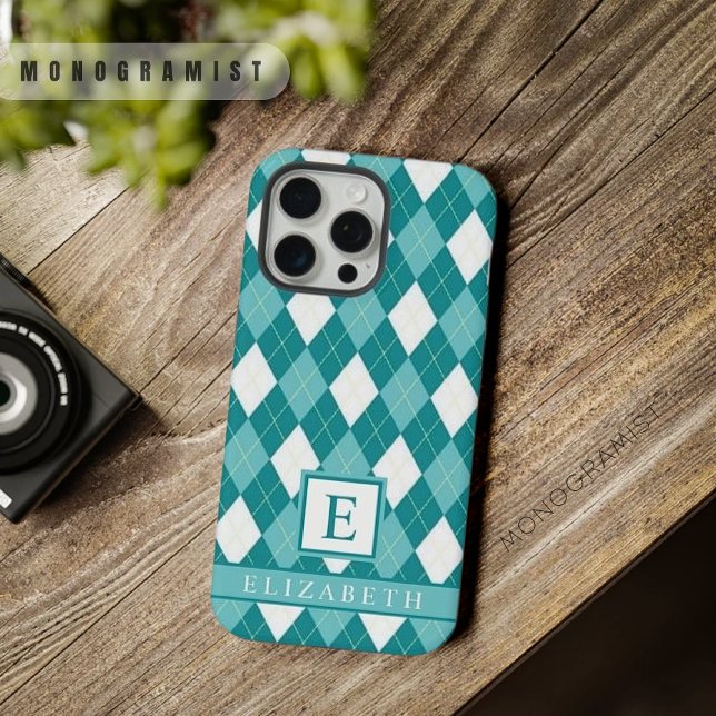 Padrão de Estilo Branco Verde Azul-Teal Personaliz (Customizable Teal Blue Green White Argyle Pattern iPhone Case)