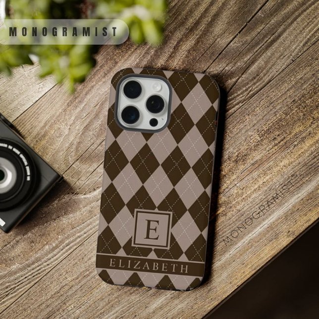 Padrão de Estilo Castanho de Cinza Roxo Personaliz (Customizable Purple Grey Brown Argyle Pattern iPhone Case)