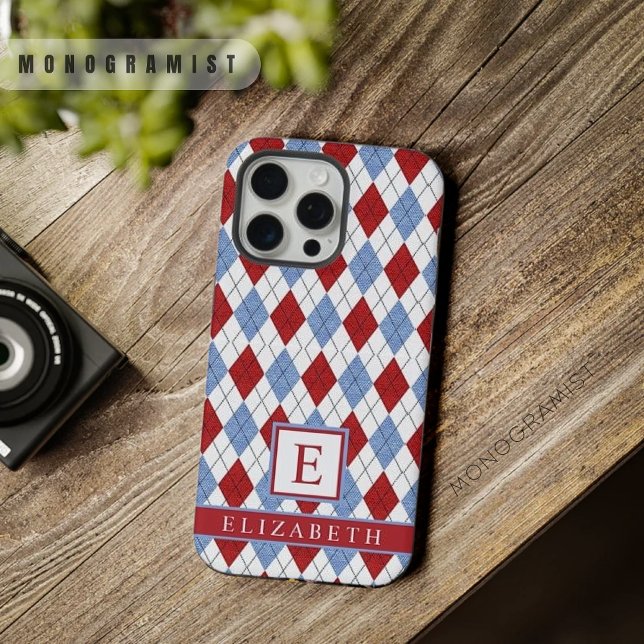 Padrão de Estilo Vermelho Azul Branco Personalizáv (Customizable White Blue Red Argyle Pattern iPhone Case)