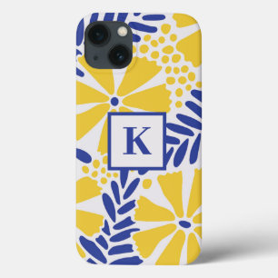 Padrão de Flor Azul e Amarelo Monograma