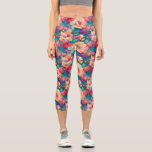 Padrão de Flor Colorido Yoga Capris Alto Waisted