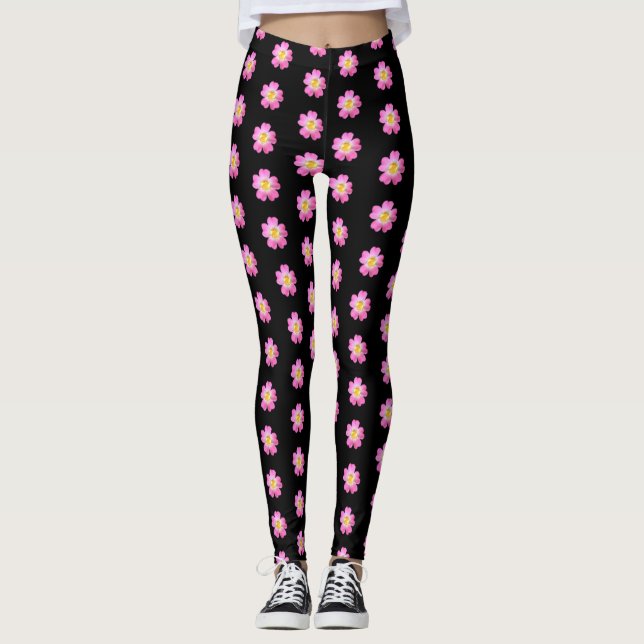 Padrão de flor rosa fofo em leggings pretas (Frente)