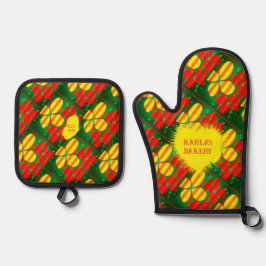 Padrão de Flor Vermelho Amarelo com Fundo Verde