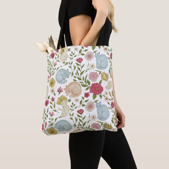 Padrão de Gatos Florais - Tote Bag Reutilizável (Close Up)