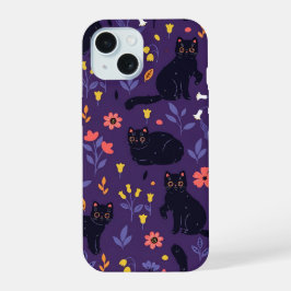 padrão de Gatos Pretos e Flores Silvestres