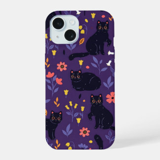 padrão de Gatos Pretos e Flores Silvestres