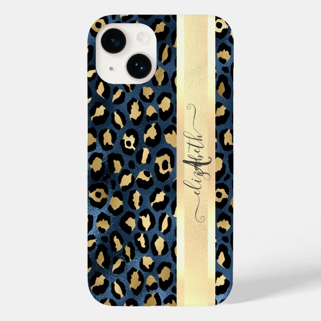 Padrão de Leopardo Monograma Azul Dourado   (Verso)