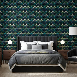 Padrão de leque em dourado, azul-marinho e verde-á