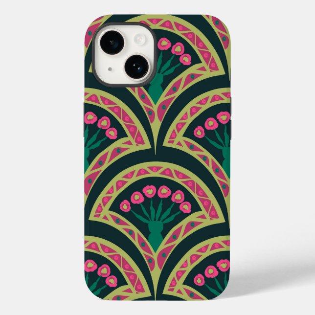 Padrão de leque floral rosa e verde (Verso)