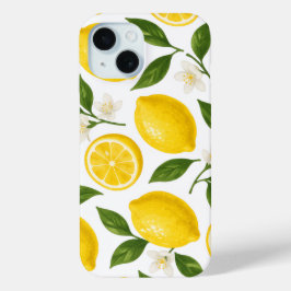 Padrão de Limão Fresco com Folhas e Flores
