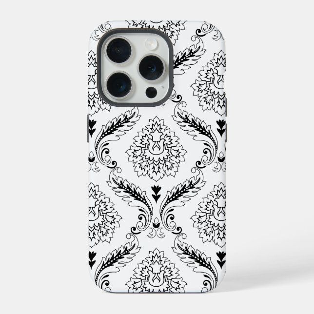 Padrão de Linha Damasko Rococó Preto no Branco (Verso)
