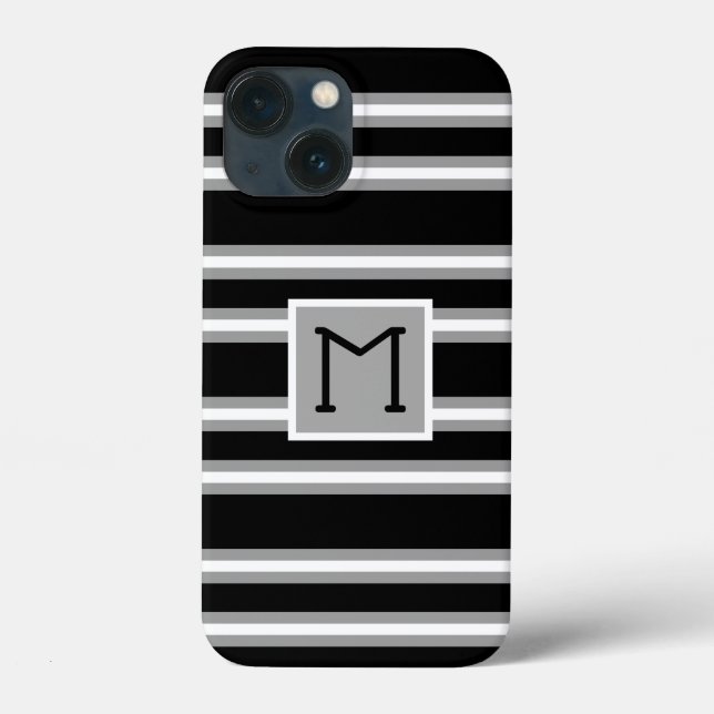 Padrão de Listras com Monograma Moderno Preto Cinz (Verso)