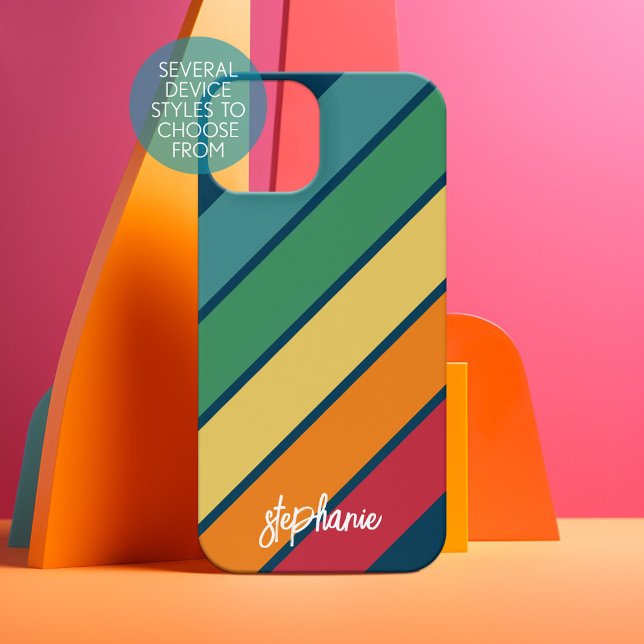 Padrão de listras retrô arco-íris - Nome do Script (Personalized Phone Case - Choose Your Device and Customize the Design)