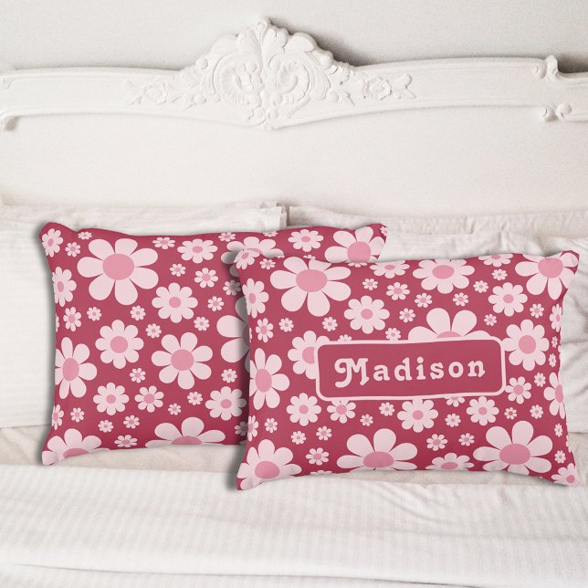 Padrão de margarida retrô rosa (Retro 70s vintage pink daisy pattern groovy typography boho personalized pillow case)