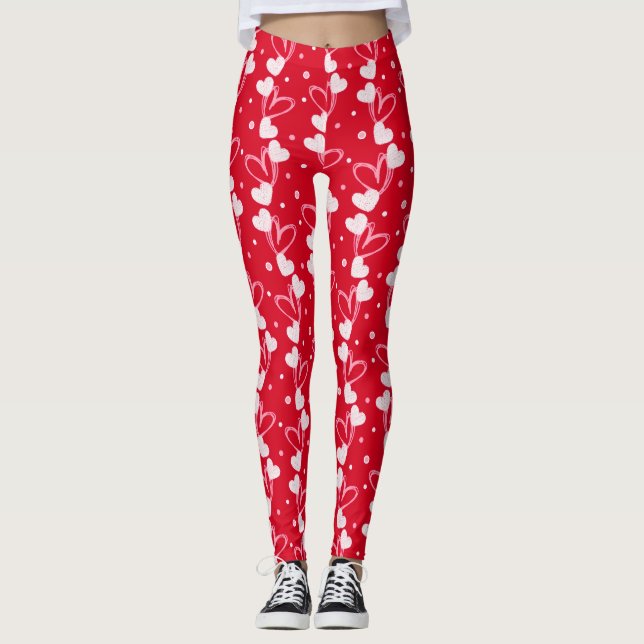 Padrão de rabiscos de corações, Vermelho, Leggings (Frente)
