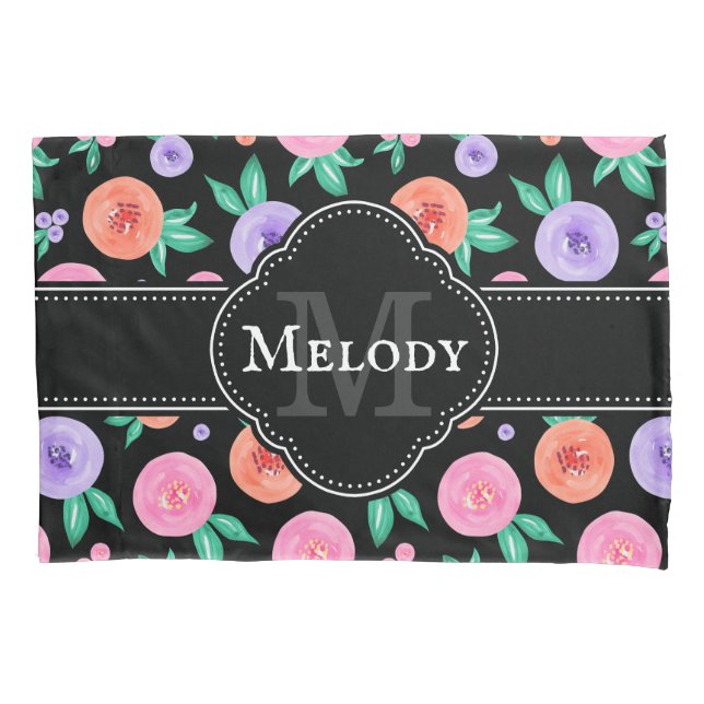 Padrão de Rosa de Aquarela Rosa / Roxo em Preto (Frente)