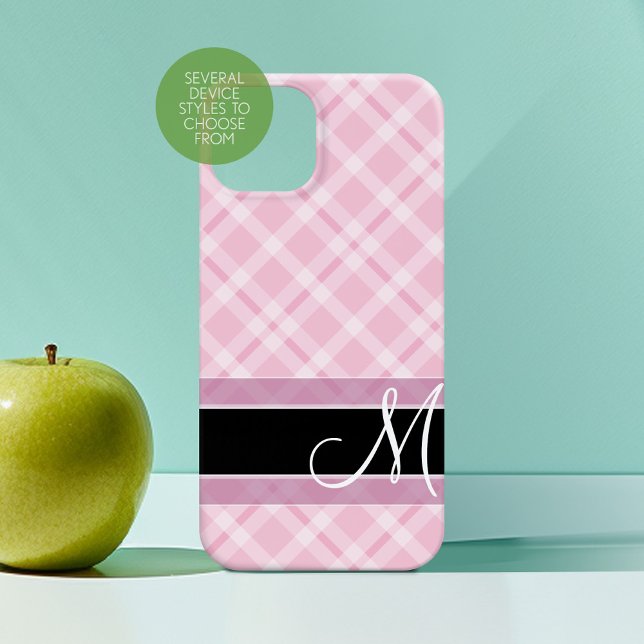 Padrão de xadrez com Monograma - cor-de-rosa preto (Personalized Phone Case with Custom Monogram)