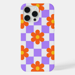 Padrão de Xadrez Roxo Com Flor Hippie Laranja