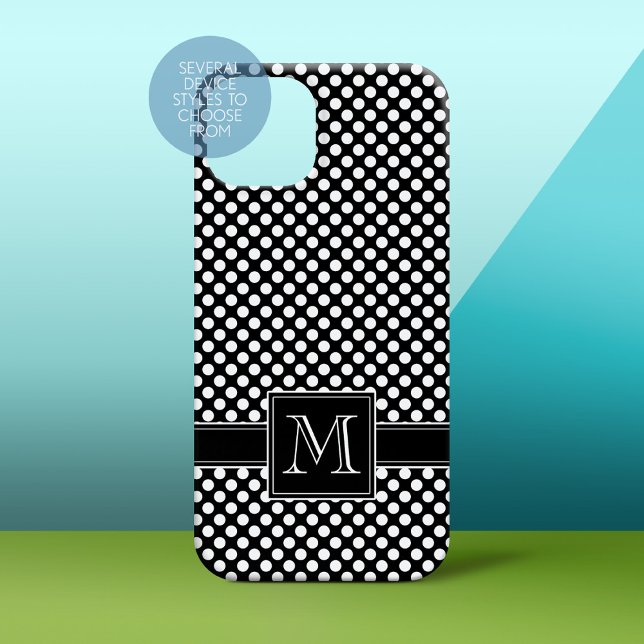 Padrão e monograma de Bolinhas (Personalized Phone Case - Solid Black Background with Monogram)