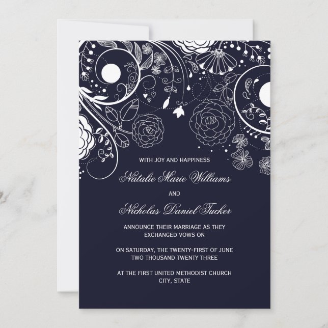 Padrão Floral Azul Marinho - Anúncio de Casamento (Frente)